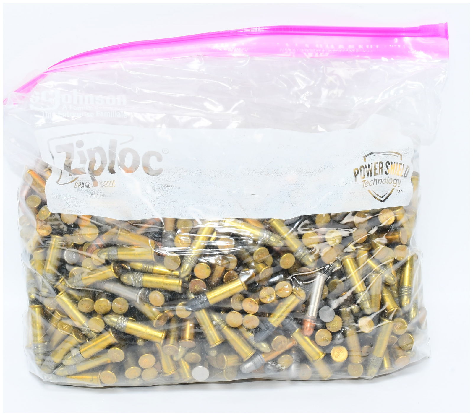 5 LBS of Mixed .22 LR Ammunition in Ziploc Bag: A quantity of 5 LBS of mixed .22 LR ammunition. The ammunition is contained within a clear plastic Ziploc brand bag, marked with Ziploc, POWER SHIELD Technology , S.C. Johnson A Family Company, Made i