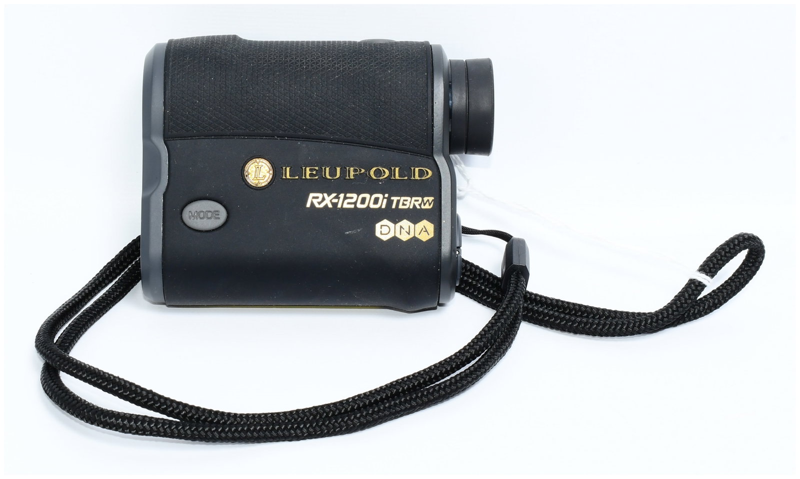 Leupold RX-1200i TBR/W DNA Digital Laser Rangefinder: A Leupold RX-1200i TBR/W DNA Digital Laser Rangefinder. This modern handheld device is primarily constructed from dark grey and black textured composite and rubberized material. It features gold-color