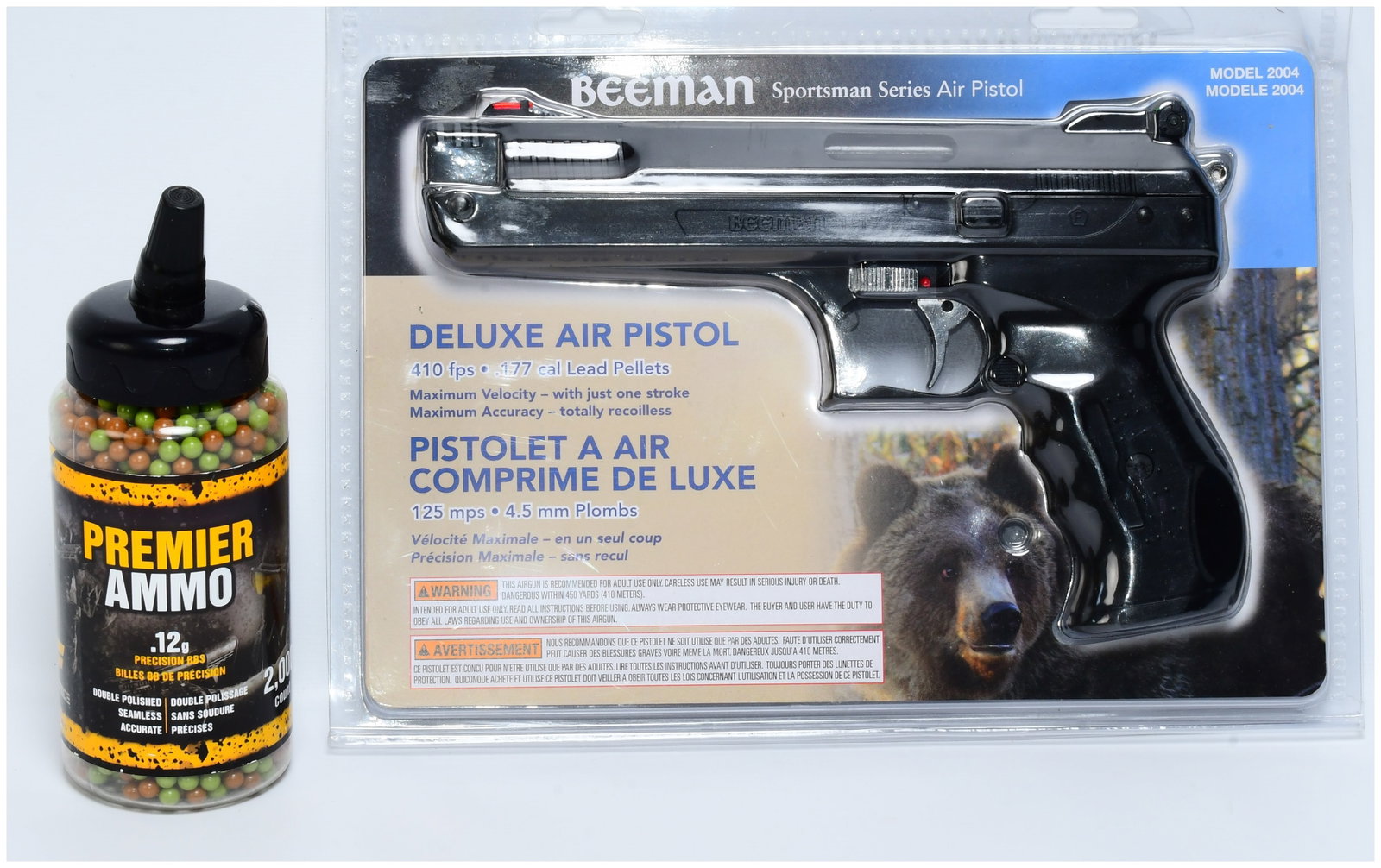 A Beeman P17 Deluxe Model 2004 Air Pistol New in Package: A Beeman P17 Deluxe Model 2004 Air Pistol, new and sealed in its original bilingual English/French blister packaging. This .177 cal / 4.5mm (Plombs) model has a stated velocity of 410 fps / 125 mps an