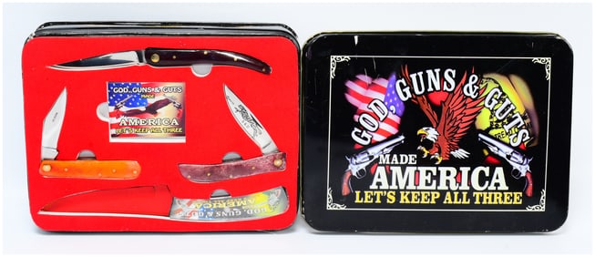 A Set of Four Patriotic-Themed Folding Knives in Presentation Tin, Marked 'Pakistan'