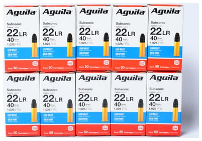 Aguila Subsonic 22 Long Rifle 40 Grain Lead Bullet Solid Point Ammunition, 500 Rounds