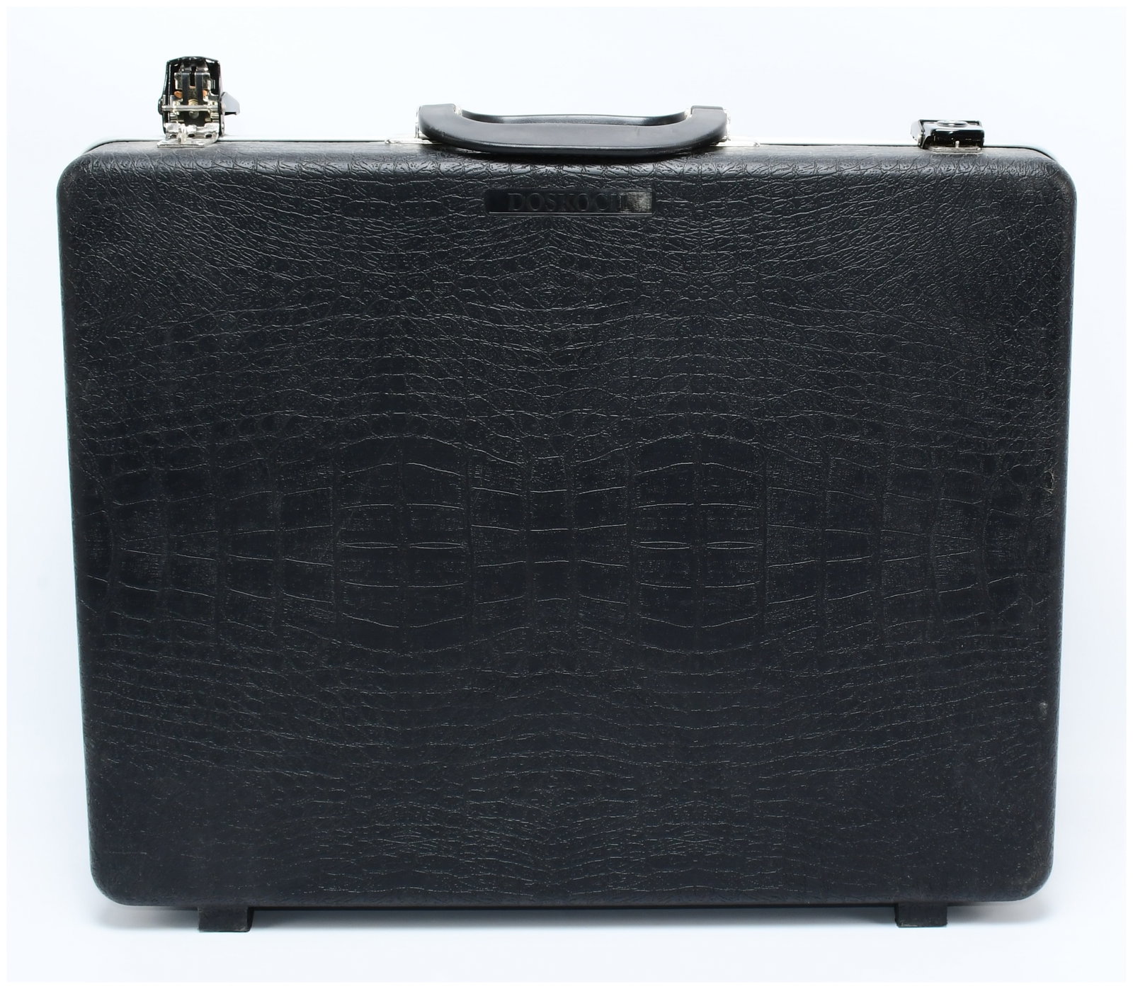 BOSSOUND Professional Carrying Case with Simulated Reptilian Skin Texture: A BOSSOUND professional carrying case, featuring a black hardshell exterior with a simulated reptilian skin texture. The case is accented by silver-tone metal trim and hardware, including a black top 
