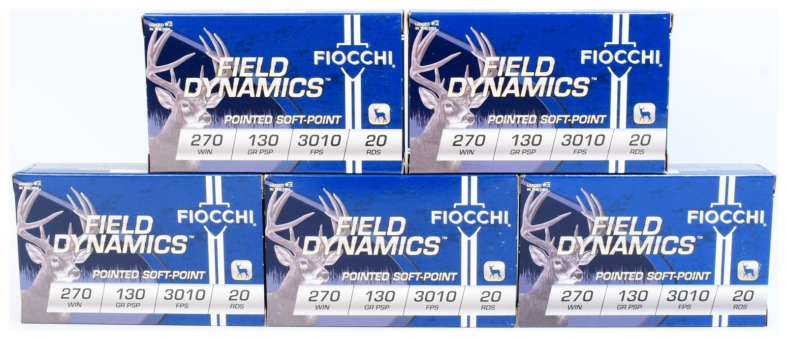 Fiocchi Field Dynamics .270 Winchester 130 Grain PSP Ammunition, 100 Rounds: A lot comprising 100 rounds of Fiocchi Field Dynamics .270 Winchester 130 Grain Pointed Soft-Point (PSP) rifle ammunition. This offering consists of five visually identical, factory-sealed cardboard b