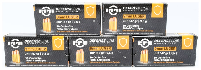 250 Rounds PPU Defense Line 9mm Luger 147 gr JHP Centerfire Pistol Cartridges