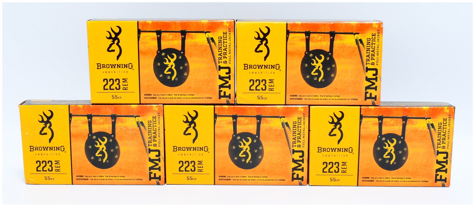 Browning Target and Practice 223 Remington 55 Grain Full Metal Jacket Ammunition, 100 Rounds: A lot of Browning Target and Practice 223 Remington 55 Grain Full Metal Jacket Ammunition, totaling 100 rounds. This lot comprises five new, factory-sealed boxes of Browning brand ammunition, presente