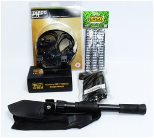 A Collection of Modern Tactical and Outdoor Equipment, including TAPCO Sling, ERGO Rail Covers,