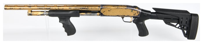 Mossberg 500A 12GA Pump-Action Shotgun with Gold Finish and Tactical Stock