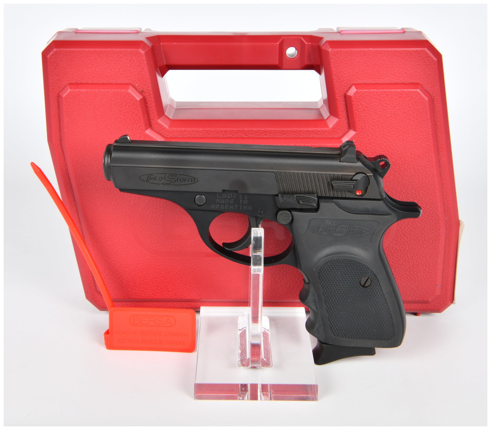 Bersa FireStorm .380 ACP Semi-Automatic Pistol: A Bersa FireStorm .380 ACP semi-automatic pistol, finished in black, explicitly marked MADE IN ARGENTINA by BERSA S.A. RAMOS MEJIA and chambered for CAL .380 ACP (also known as 9MM CORTO). The pistol 