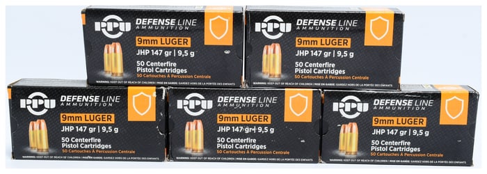 250 Rounds Prvi Partizan PPU 9mm Luger Defense Line 147 Grain Jacketed Hollow Point Ammunition