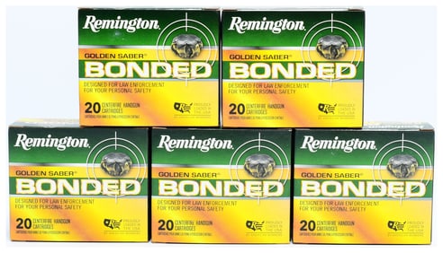 Remington Golden Saber Bonded 9mm LUGER+P 124 GR. BJHP Ammunition, Five Boxes (100 Rounds Total)