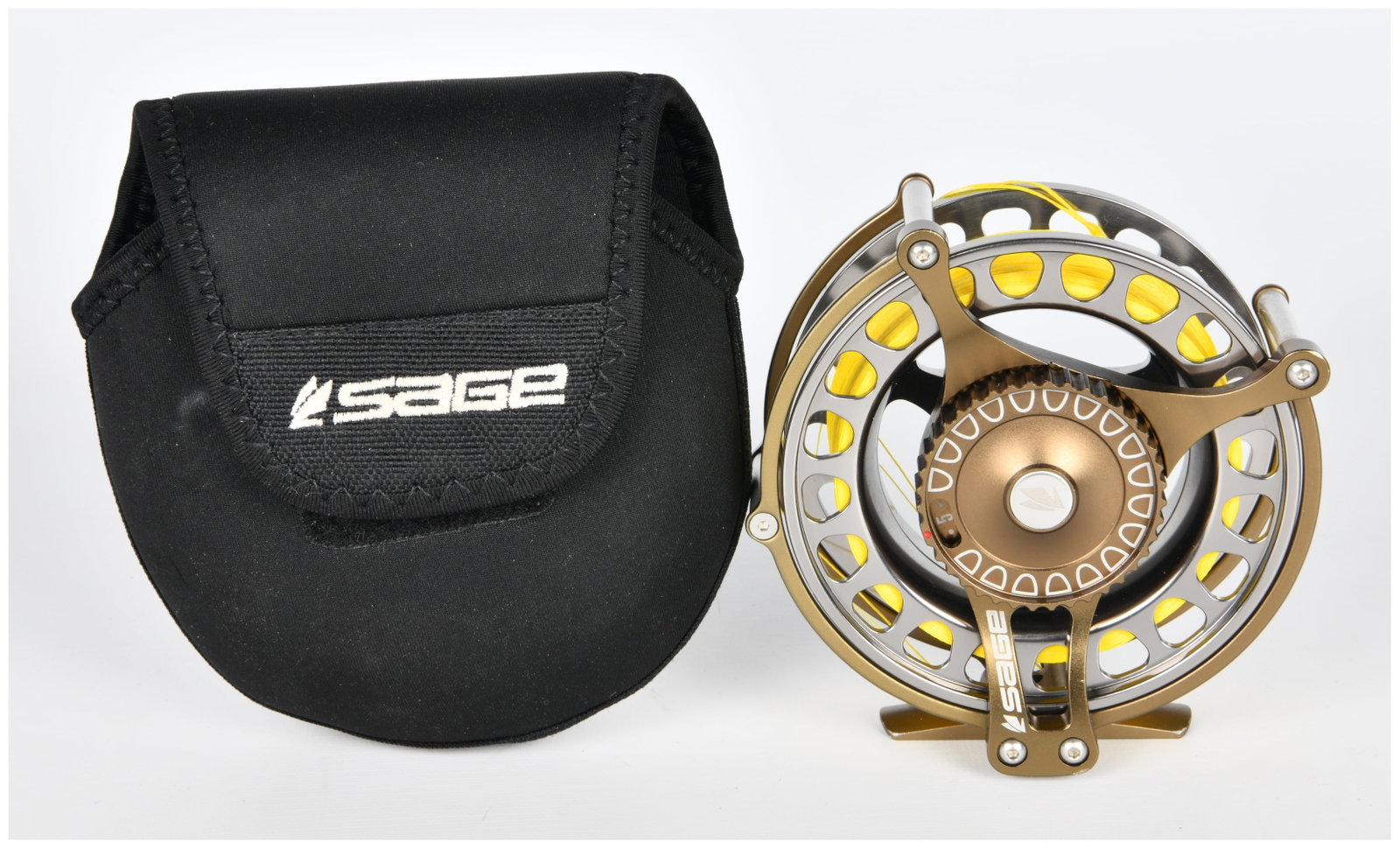 Sage EVOKE 8 Large Arbor Fly Fishing Reel with Case: A Sage EVOKE 8 large arbor fly fishing reel. Crafted from two-tone machined metal, featuring a bronze-gold anodized frame with a polished silver-grey spool and accents. The reel displays a skeletal de