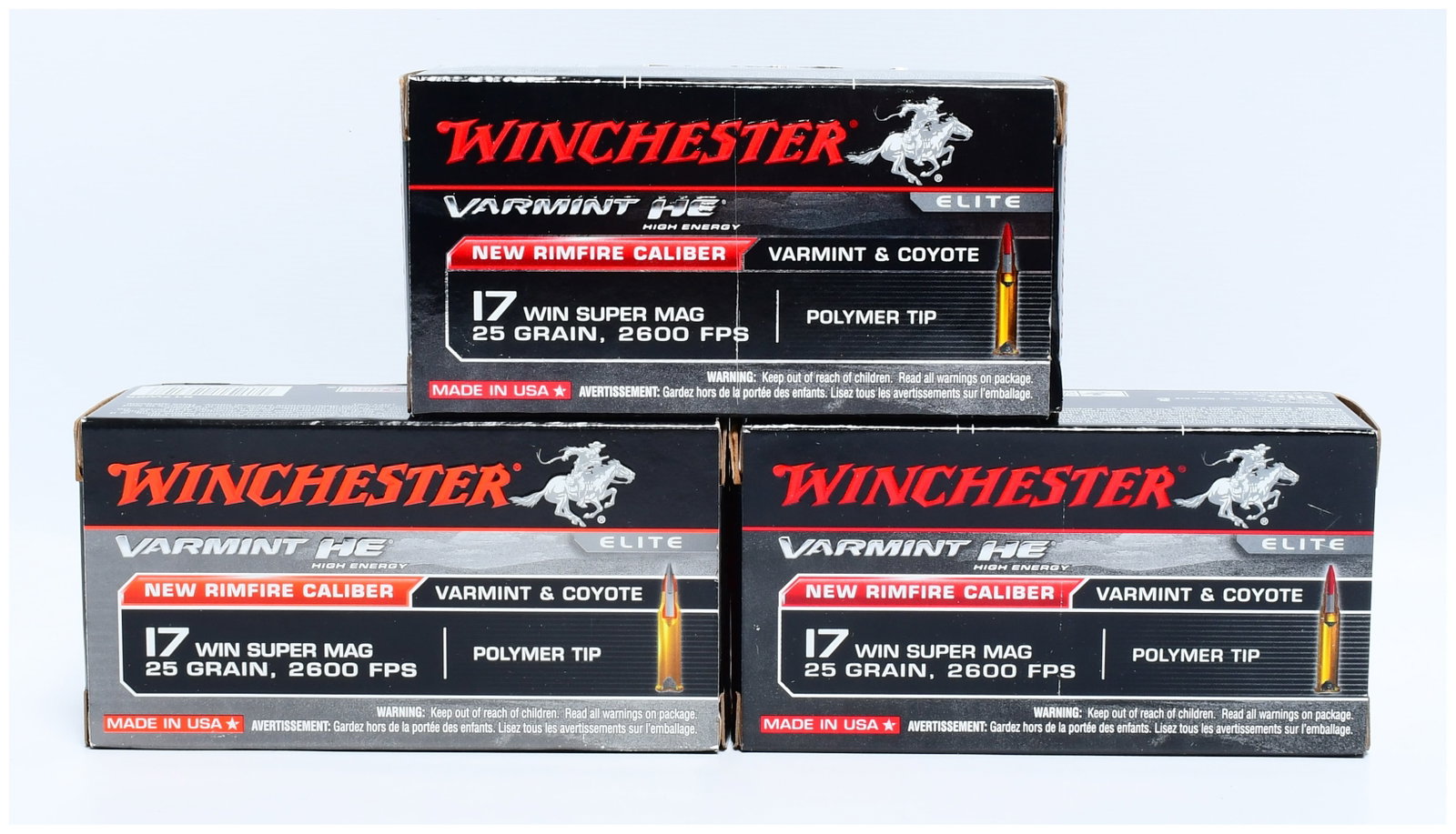 Winchester Varmint HE Elite .17 Win Super Mag 25 Grain Polymer Tip Ammunition - 150 Rounds: A collection of Winchester Varmint HE Elite .17 Win Super Mag 25 Grain Polymer Tip Ammunition, comprising 150 rounds across three modern, commercially packaged boxes. Each box is predominantly black w