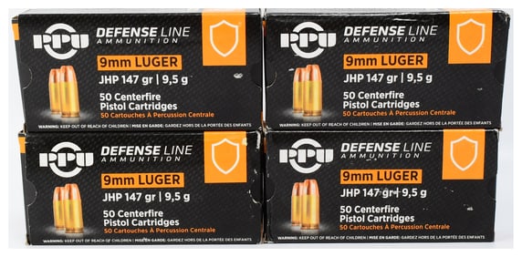 PPU Defense Line 9mm Luger JHP 147 Grain Ammunition, 200 Rounds