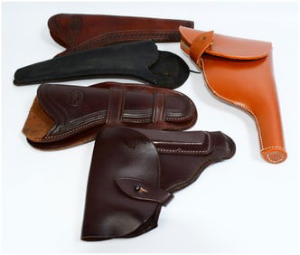 Five Assorted Leather Gun Holsters, Including a US M1917-Style Example and a Bianchi 'Pat Pend'