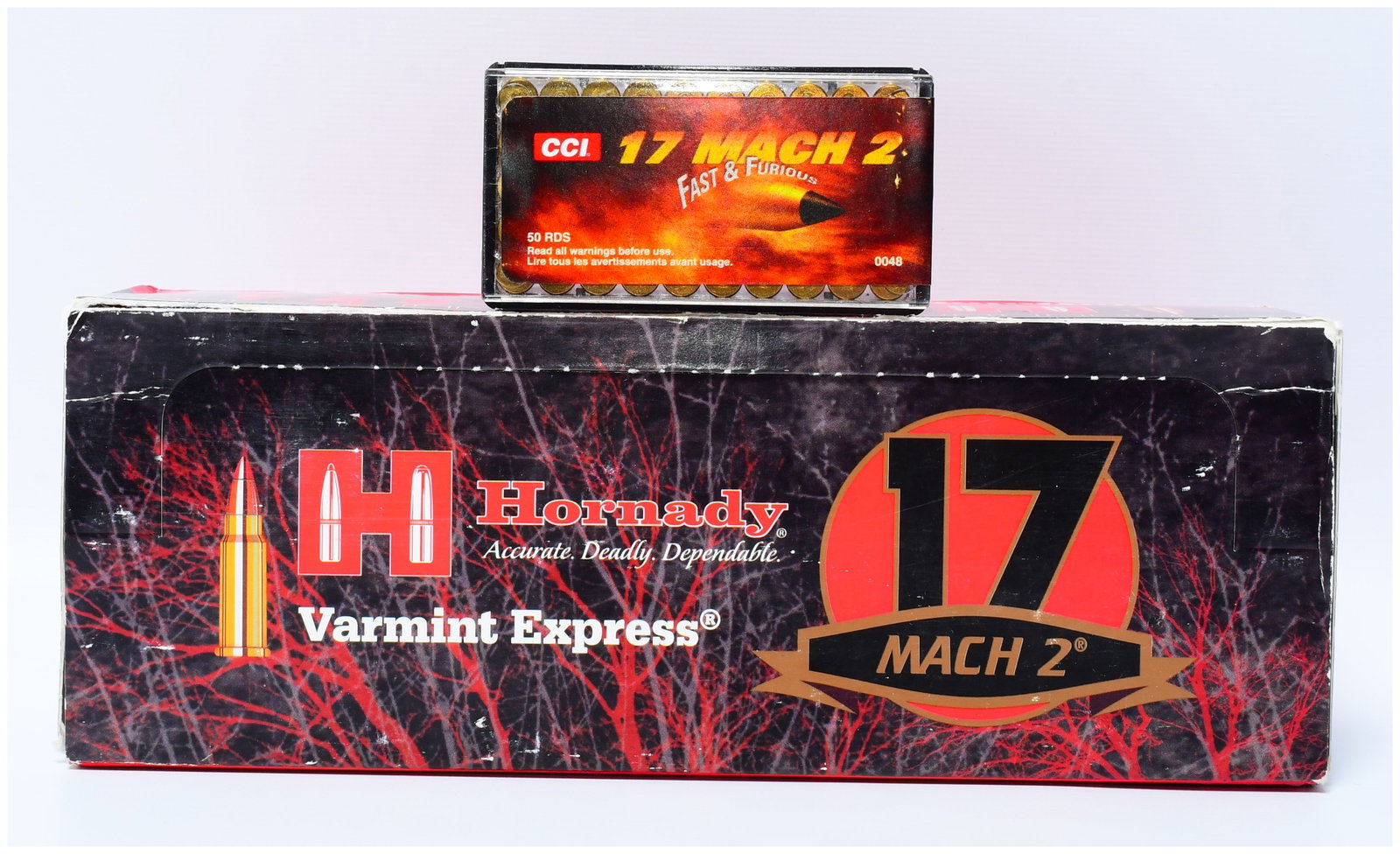 A Lot of 550 Rounds of Hornady and CCI 17 Mach 2 V-Max Rimfire Ammunition: A lot of 550 rounds of Hornady and CCI 17 Mach 2 V-Max rimfire ammunition. The lot comprises two distinct commercially packaged types of rimfire ammunition, totaling 550 rounds. The primary visible co