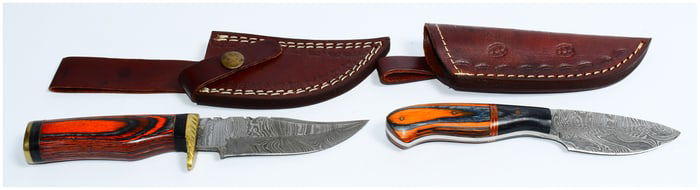 A Pair of Modern Handmade Damascus Steel Fixed-Blade Knives with Layered Wood Handles and Leather