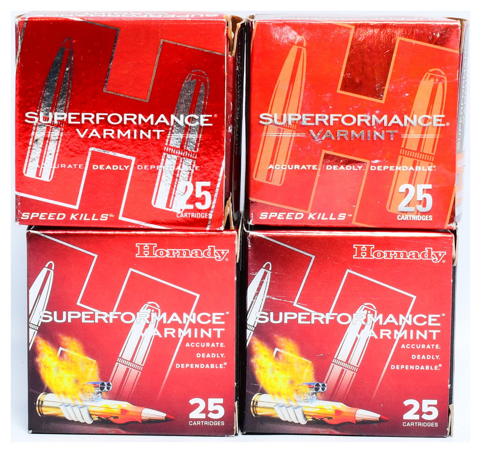 Hornady 17 Hornet 20 gr V-MAX Superformance Varmint Ammunition, 100 Rounds: A collection of Hornady 17 Hornet 20 gr V-MAX Superformance Varmint Ammunition, product number #83005. Comprising 100 rounds in total, this lot consists of four identical, factory-packaged boxes, each