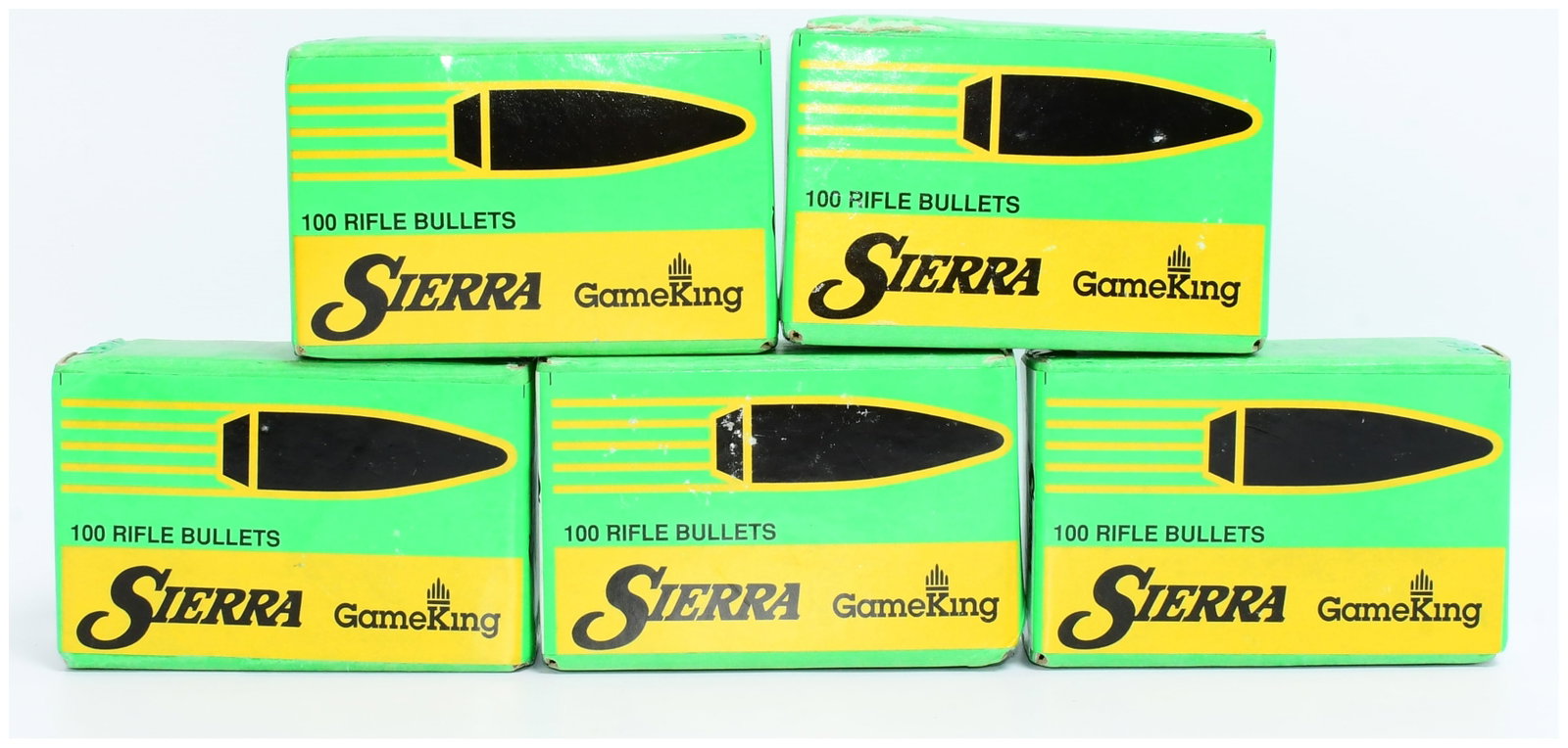 500 Count Sierra GameKing 7mm .284 Dia 150 Gr. Spitzer Boat Tail Bullet Tips for Reloading: A lot of 500 Sierra GameKing 7mm .284 Dia 150 Gr. Spitzer Boat Tail bullet tips for reloading. This lot comprises five identical bright green and yellow cardboard boxes, each originally containing 100