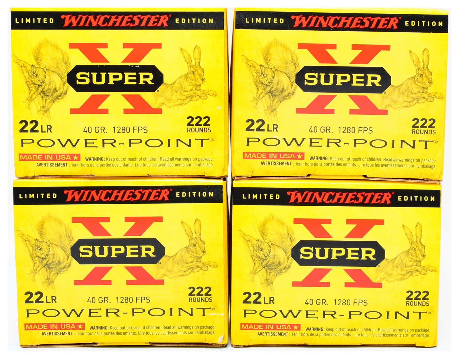 Winchester Super-X 22 LR 40 Grain Power-Point Plated Hollow Point Ammunition, Limited Edition, 888: A collection of Winchester Super-X 22 Long Rifle 40 Grain Power-Point Plated Hollow Point Ammunition. This lot comprises four identical yellow cardboard boxes, each marked as a LIMITED WINCHESTER EDIT