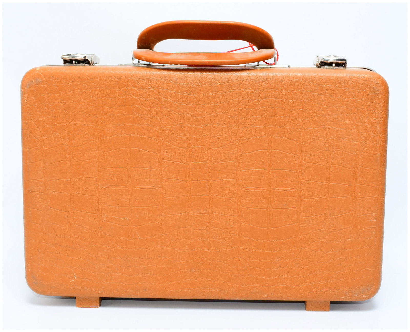 A Mid-20th Century Retro Orange-Brown Faux Crocodile Hardshell Carrying Case: A Mid-20th Century Retro Orange-Brown Faux Crocodile Hardshell Carrying Case. This hardshell carrying case or briefcase exhibits a retro aesthetic, likely dating from the mid to late 20th century. Its