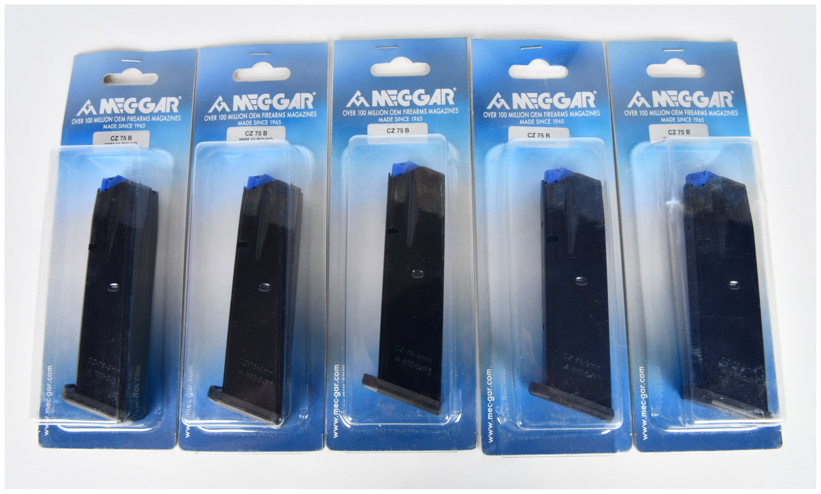 A Set of Five Mec-Gar CZ 75B 9mm 10-Round Blued Magazines, MGCZ7510B: A set of five Mec-Gar CZ 75B 9mm 10-Round Blued Magazines, model MGCZ7510B. Each magazine is presented in its original sealed, transparent blister packaging with blue and white card backing. The magaz