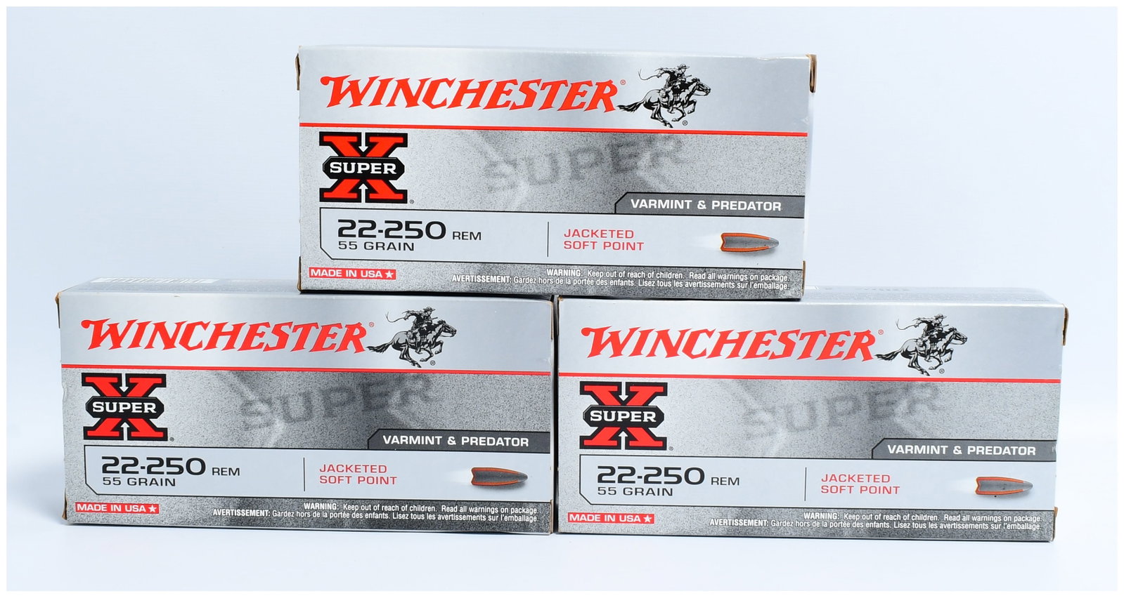 Winchester Super X 22-250 Rem 55Gr Jacketed Soft Point Varmint & Predator Ammunition, 60 Rounds: A lot of Winchester Super X 22-250 Rem 55Gr Jacketed Soft Point Varmint & Predator rifle ammunition, comprising 60 rounds in total. The ammunition is presented in three presumably full, factory-sealed