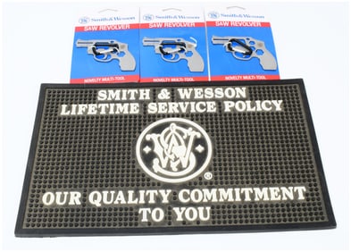 Three Smith & Wesson S&W Revolver Novelty Multi-Tools and a Smith & Wesson Lifetime Service Policy