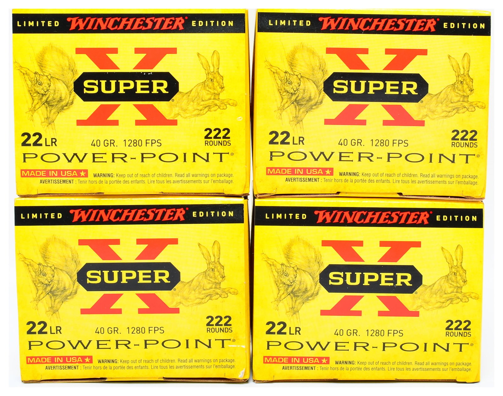 Winchester Super-X 22 LR 40 Grain Power-Point Ammunition, Limited Edition, 888 Rounds: A lot of Winchester Super-X 22 Long Rifle 40 Grain Power-Point ammunition, comprising 888 rounds. This lot features four examples of LIMITED WINCHESTER EDITION yellow cardboard boxes, each advertised 
