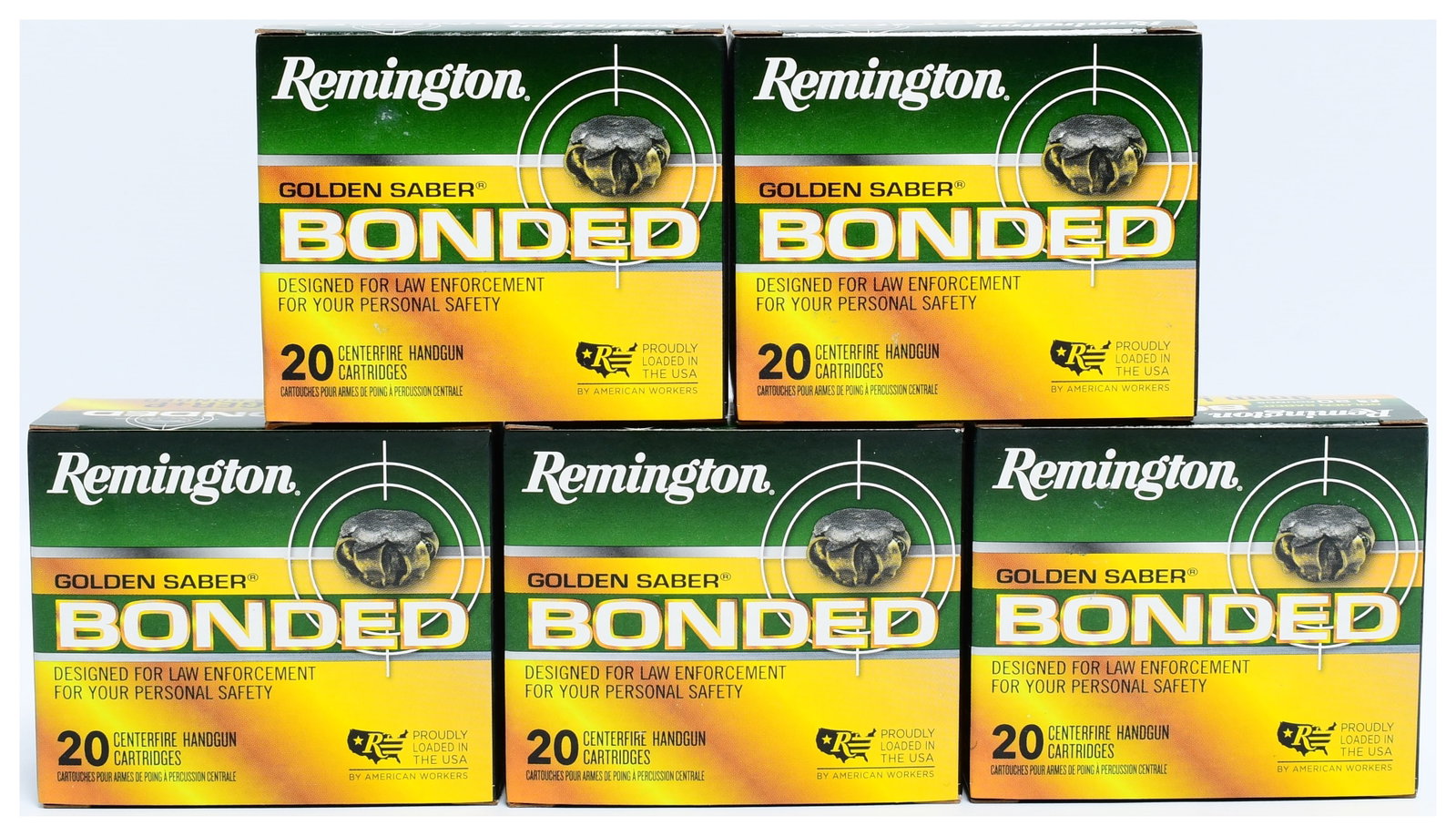 Remington Golden Saber Bonded 9mm Luger +P 124 Grain BJHP Ammunition, 100 Rounds: A lot of 100 rounds of Remington Golden Saber Bonded 9mm Luger +P, 124 grain, Brass Jacketed Hollow Point (BJHP) centerfire handgun cartridges. The lot consists of five new, unopened cardboard boxes, 