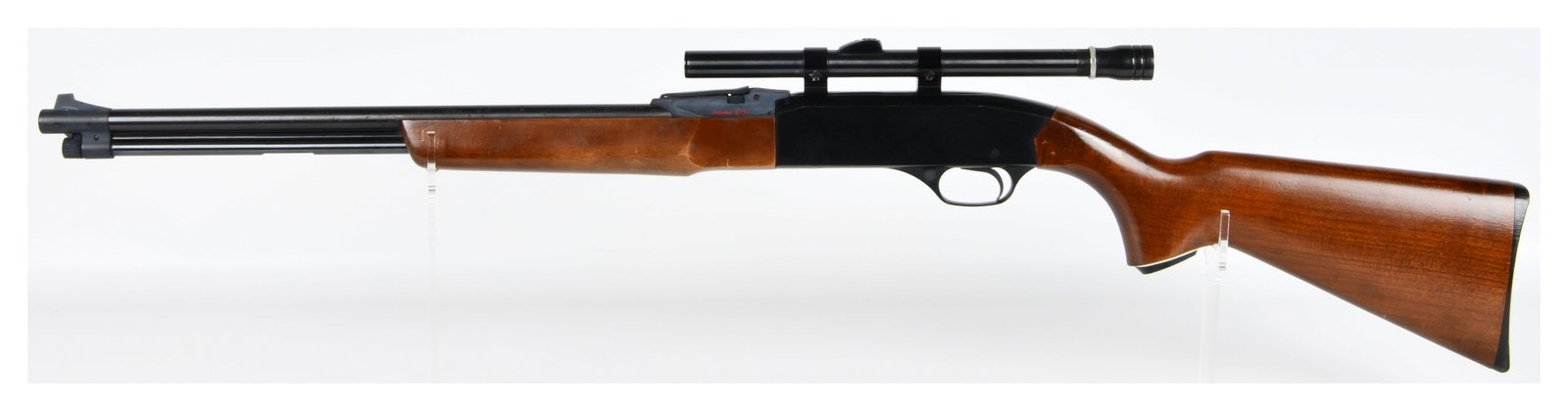 Winchester Model 290 .22 Caliber Semi-Automatic Rimfire Rifle with J.C. Higgins 4x Scope: A Winchester Model 290 .22 caliber semi-automatic rimfire rifle, configured for .22 Short, Long, or Long Rifle ammunition, manufactured in the U.S.A. It features a blued steel barrel and receiver, com