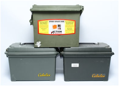 Three Large Size MTM Sport Utility Dry Boxes, including Action Products and Cabela's branded