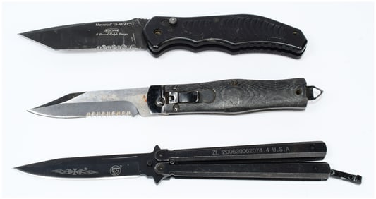 Three Modern Folding Knives, including a Microtech OSS Cobra and a Meyerco 18-XRAY