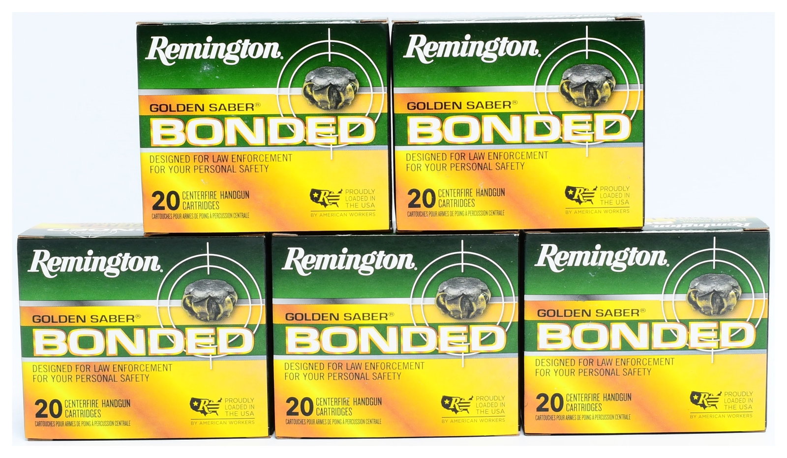 Remington Golden Saber Bonded 9mm Luger +P 124 Grain BJHP Ammunition, 100 Rounds: A lot of Remington Golden Saber Bonded 9mm Luger +P 124 Grain BJHP (Bonded Jacketed Hollow Point) centerfire handgun cartridges, comprising 100 rounds. The lot consists of six green and yellow cardboa