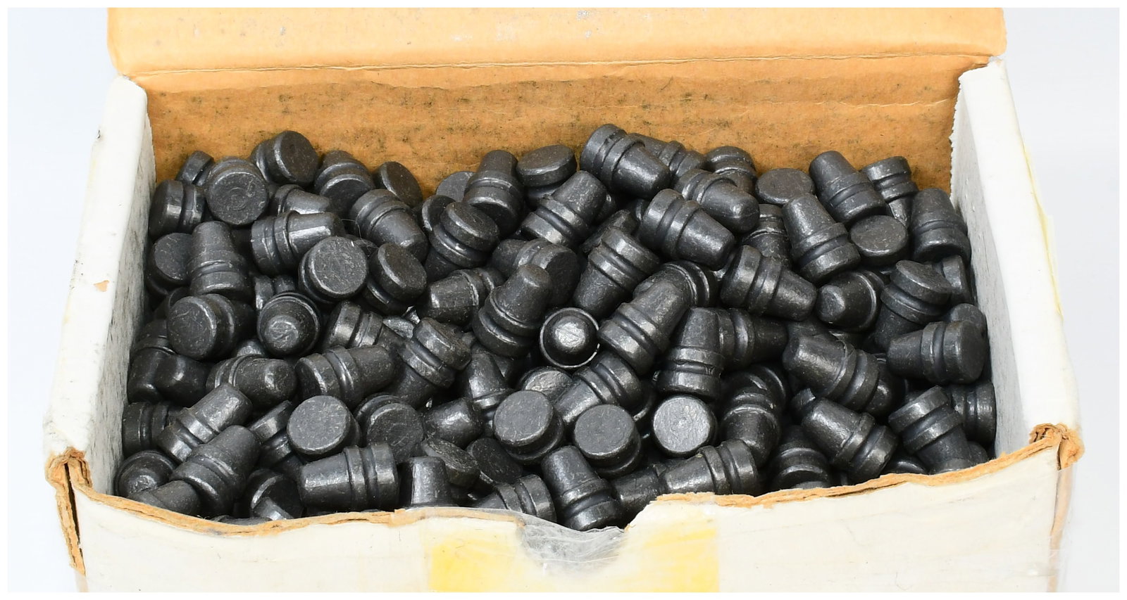 200 Count .45 Caliber SWC Lead Bullet Tips for Reloading: A group of 200 Count .45 Caliber SWC Lead Bullet Tips for Reloading. The item consists of dark grey, cast metallic projectiles, likely lead or a lead alloy, each exhibiting a distinctive conical-cylin