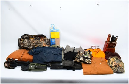 A Group of Contemporary Outdoor and Hunting Gear, including a Cabela's Mossy Oak Backpack and a New