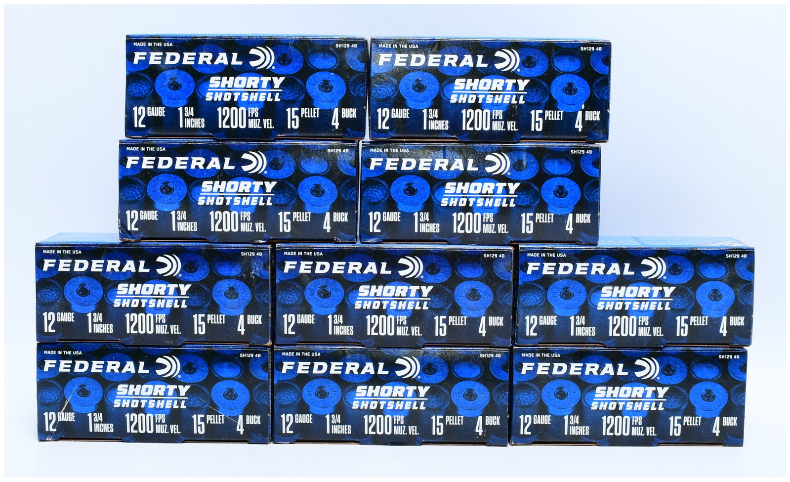 A Lot of 100 Rounds Federal Shorty Shotshell 12 Gauge #4 Buck Ammunition, Product Code SH129 4B: A lot of 100 rounds of Federal Shorty Shotshell 12 Gauge #4 Buck ammunition, product code SH129 4B. The lot comprises twelve factory-sealed boxes and one opened box for display. Each cardboard box, fe