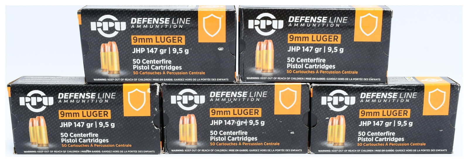 PPU Defense Line 9mm Luger JHP 147 gr Ammunition, 250 Rounds: A collection of PPU Defense Line 9mm LUGER JHP 147 gr (9.5 g) ammunition, comprising five sealed cardboard boxes, each containing 50 centerfire pistol cartridges, totaling 250 rounds. The modern black