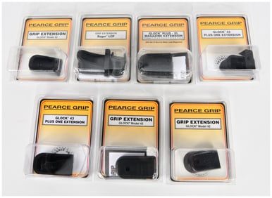 A Group of Pearce Grip Polymer Grip and Magazine Extensions for Glock and Ruger Handguns