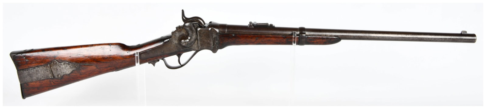 Sharps New Model 1863 Percussion Saddle Ring Carbine: A vintage American breech-loading firearm, identified as a Sharps New Model 1863 Percussion Saddle Ring Carbine. This rifle features a falling block action with an external hammer, constructed from da