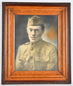 WWI Era Portrait Photograph of a Doughboy Soldier in Oak Frame