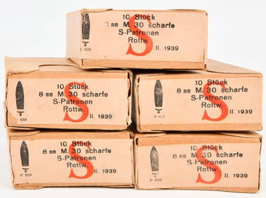 Five Boxes of WW2 German 8mm M.30 Scharfe S-Patronen Ammunition, Dated 1939, with Two Loaded
