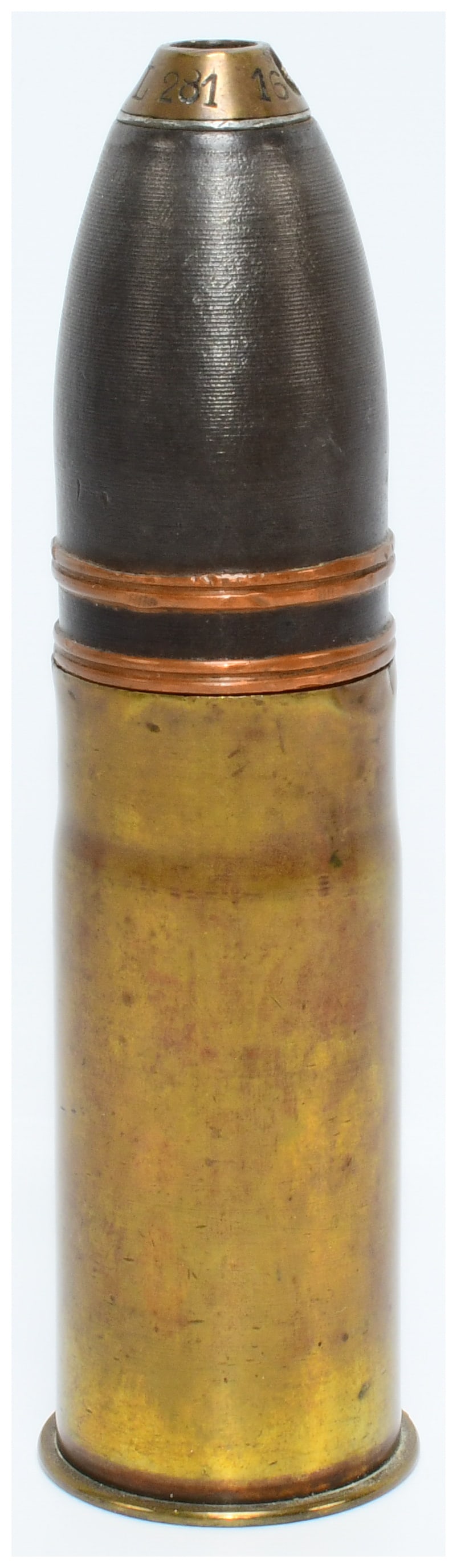 WWI French 37mm Hotchkiss Revolving Cannon Shell, Dated 1916: A WWI French 37mm Hotchkiss Revolving Cannon Shell, comprising a complete brass casing and a dark-finished, ovoid projectile. The projectile is adorned with two copper driving bands and features a bra