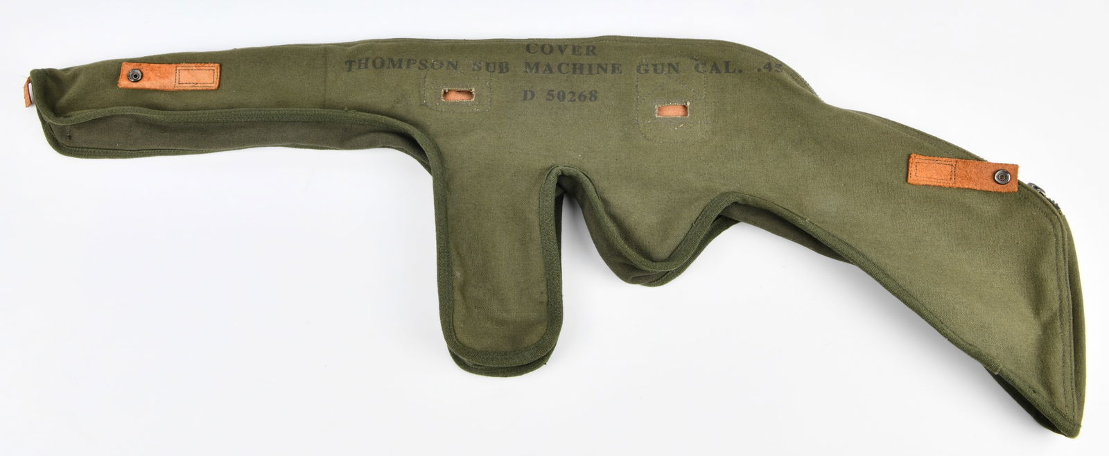 WW2 U.S. Thompson Submachine Gun Cal. .45 Canvas Cover, D 50268: A World War II era U.S. military issue canvas protective cover for a Thompson Submachine Gun, Cal. .45, bearing the stenciled alphanumeric code D 50268. This olive drab green canvas cover is shaped to