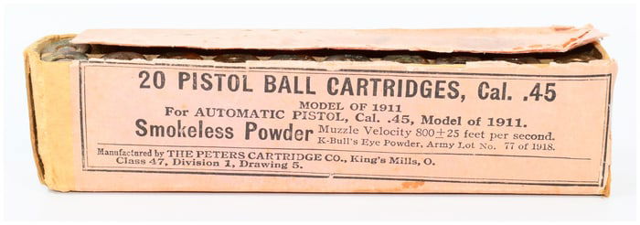 Peters Cartridge Co. WW1 Era M1911 .45 ACP Pistol Ball Cartridges, Box of 20