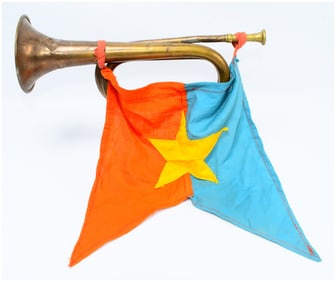 Vietnam War Era North Vietnamese Army (NVA) or Vietcong (VC) Brass Bugle with Attached Pennant