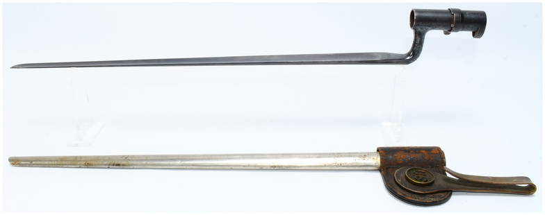US Military Socket Bayonet with Scabbard and Frog: A US military socket bayonet with its corresponding scabbard and leather frog. The bayonet features a steel cruciform blade, terminating in a blunted tip, attached to a dark, ferrous metal socket with