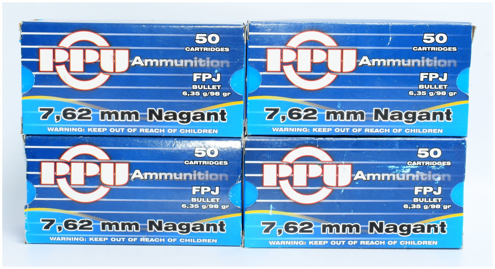 188 Rounds of PPU 7.62 Nagant 98 GR FMJ Ammunition: A lot of PPU 7.62 Nagant 98 GR FMJ Ammunition, comprising 188 rounds. The lot consists of four identically packaged, factory-sealed blue cardboard boxes, each prominently marked "PPU Ammunition," "50 