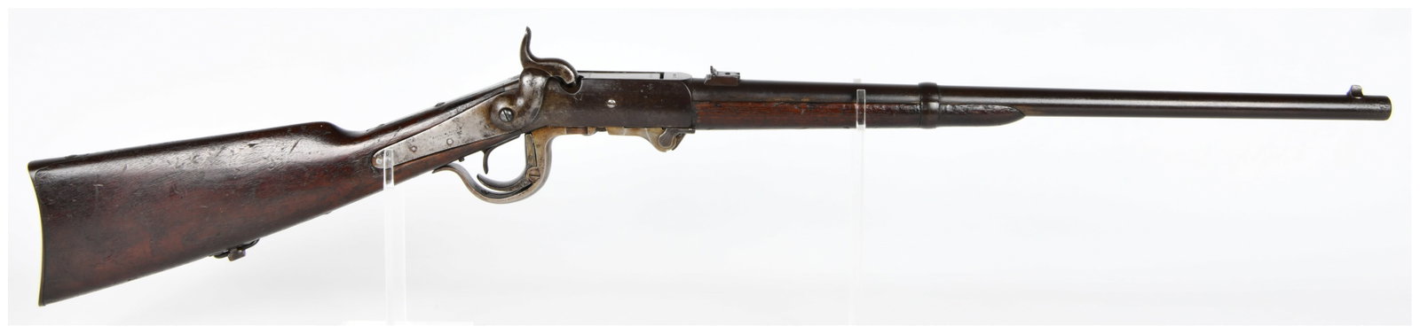 Antique Burnside Civil War Percussion Carbine: An antique Burnside Civil War Percussion Carbine, likely a 4th or 5th Model. This breech-loading firearm is constructed primarily of dark-stained wood for the stock and aged iron/steel for the barrel,