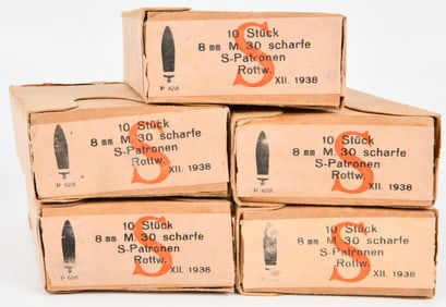 A Collection of 1938 German 8mm M. 30 Mannlicher Scharfe S-Patronen Ammunition