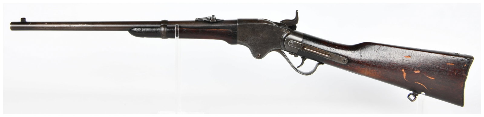 Civil War Era Spencer Model 1860 Repeating Saddle Ring Carbine, .52 Caliber: An antique repeating lever-action carbine, identified as a Spencer Model 1860 Repeating Saddle Ring Carbine, .52 caliber, consistent with Civil War era production. The firearm is primarily constructed